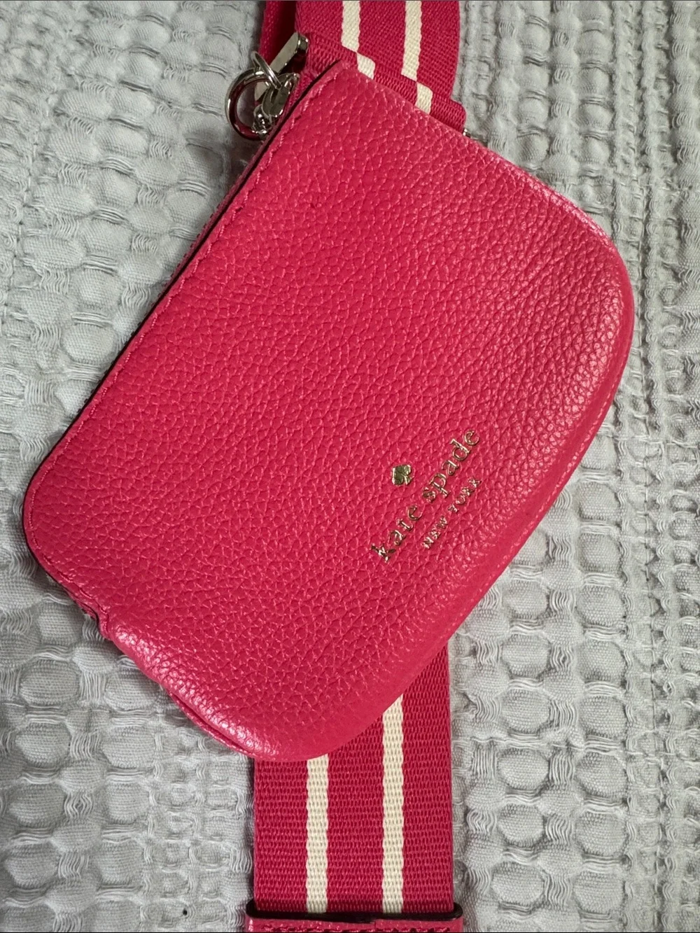 kate spade bright pink crossbody with striped strap and coin purse